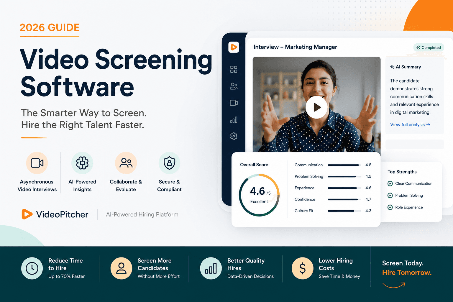 Recruiter reviewing candidate video interview responses on a laptop dashboard with AI scorecards
