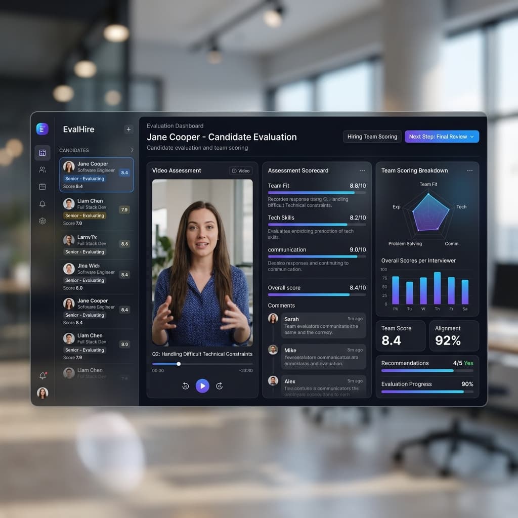 VideoPitcher hiring assessment step: Team Calibration - Review candidate responses with your team. Compare answers, ...