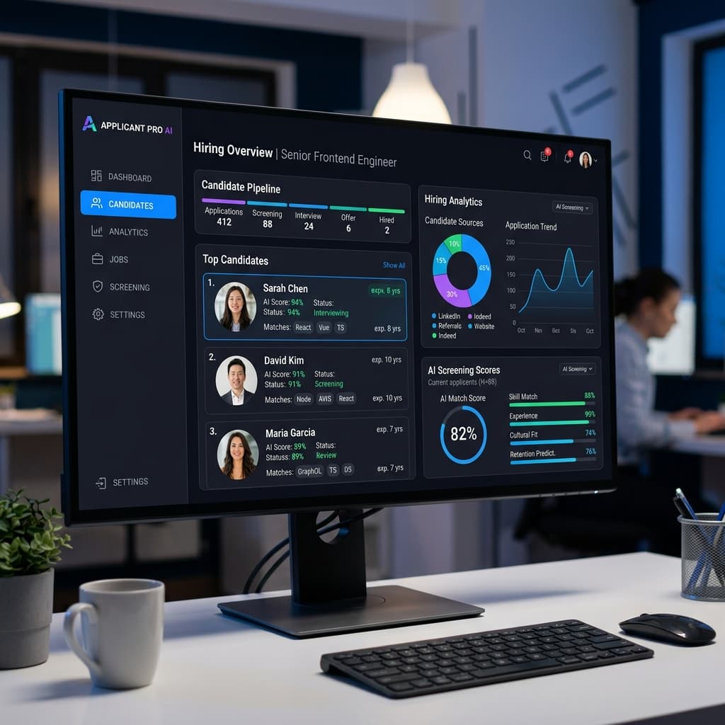 Recruitment dashboard highlighting AI candidate screening and assessment features